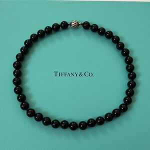 TIFFANY & CO. Vintage Black Onyx Bead Silver Filigree Ball Clasp Necklace